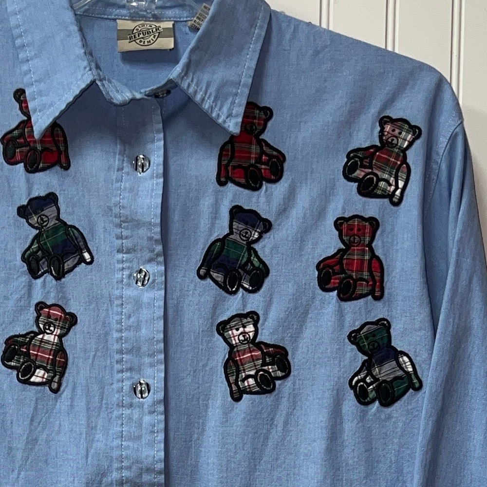 90s Plaid Teddy Bears Oversized Oxford Shirt  L Vintage